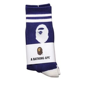 Bape Crew Socks Ape Head Logo Striped Mens Womens Unisex Size 9-11 Purple‎ White